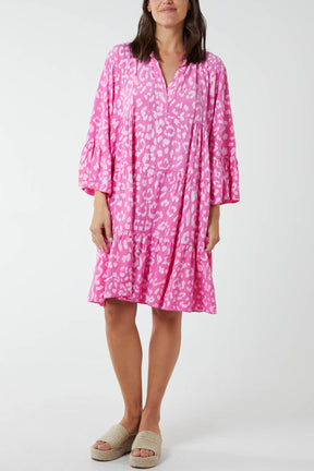 Long Sleeve Tiered Light Leopard Dress