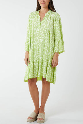 Long Sleeve Tiered Light Leopard Dress