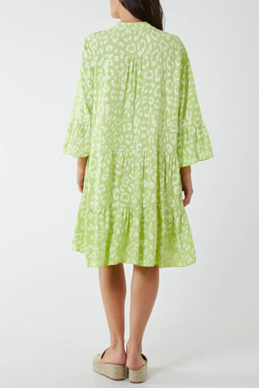 Long Sleeve Tiered Light Leopard Dress