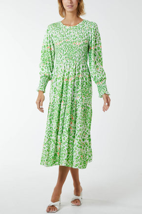 Shirred Leopard Print Midi Dress