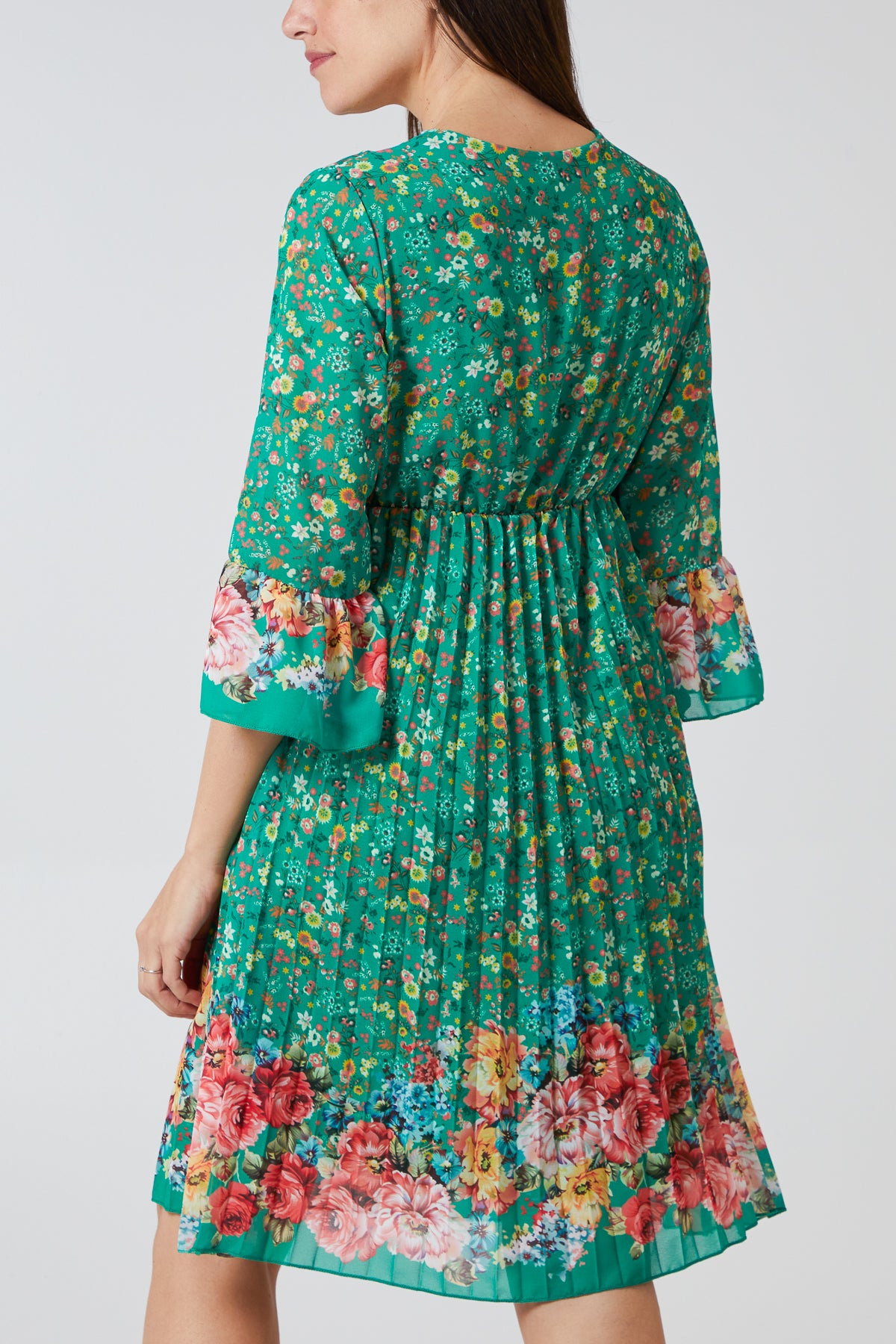 Wrap Pleated Floral 3/4 Fluted Sleeves Dress