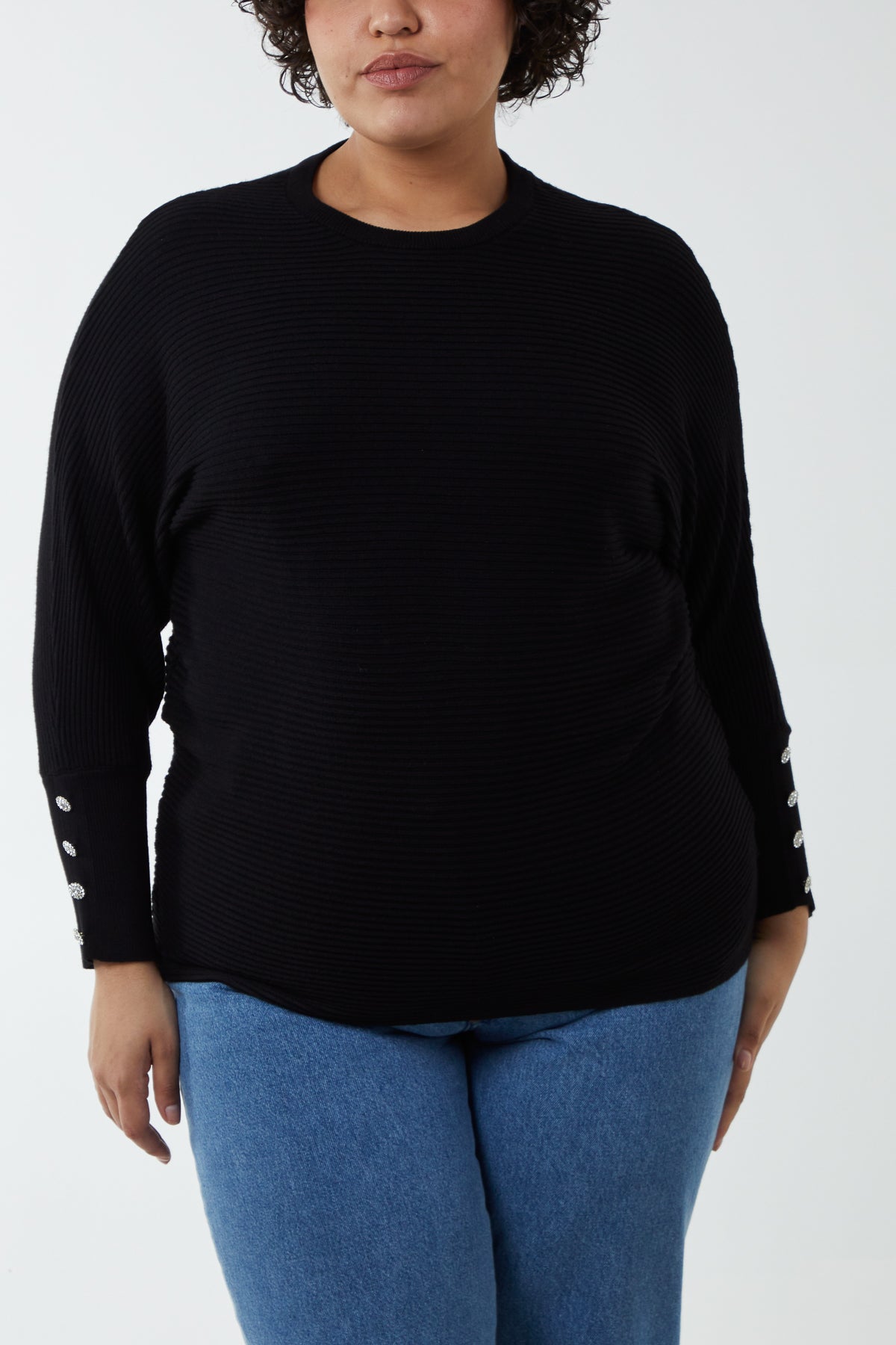 Curve Round Neck Jewelled Button Cuffed Ribbed Jumper