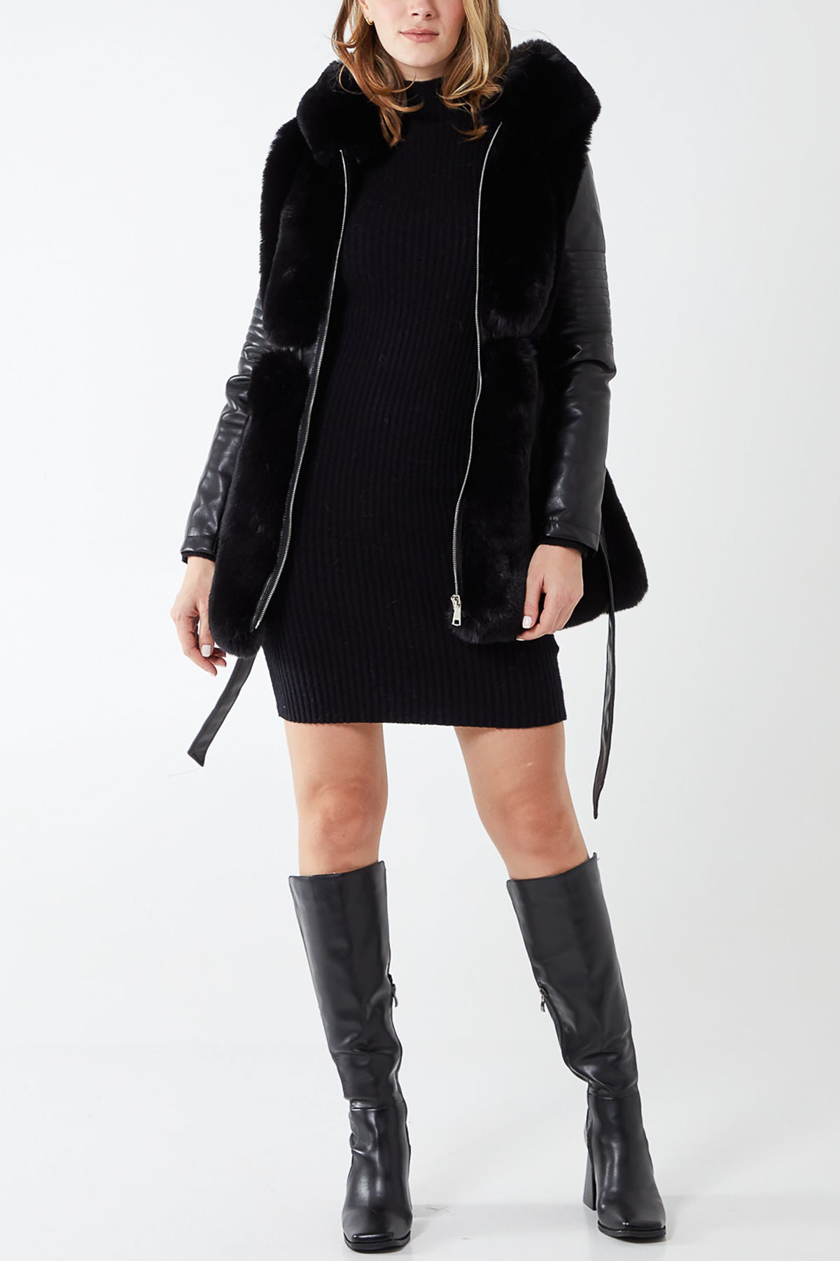 Faux Fur Belted Coat With Faux Leather Sleeves