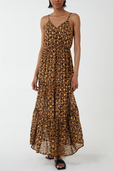 Leopard With Gold Print Wrap Front Tiered Maxi Strap Dress