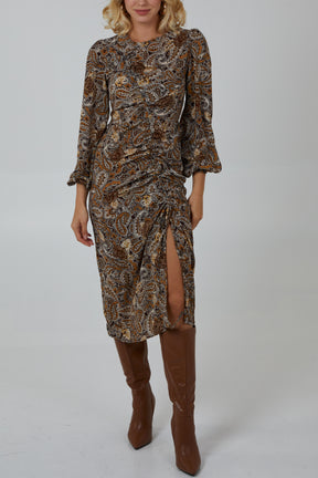 Paisley Ruched Midi Dress With Bell Sleeves