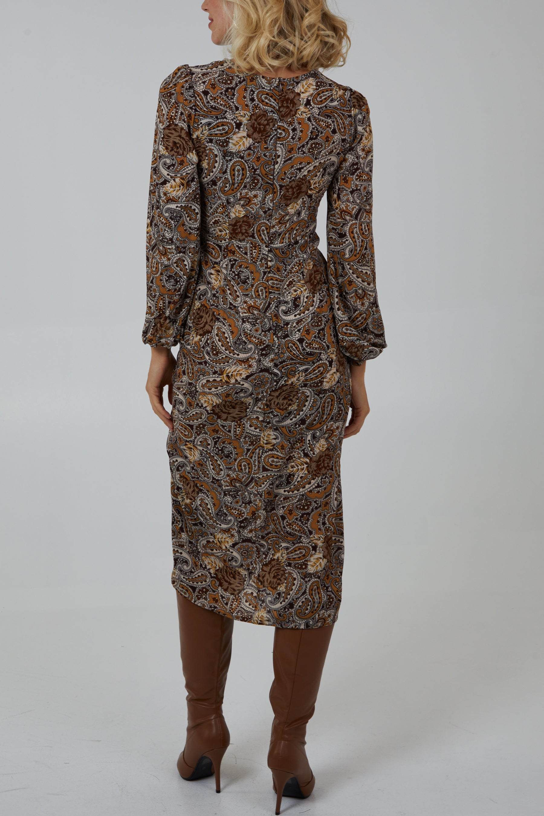 Paisley Ruched Midi Dress With Bell Sleeves