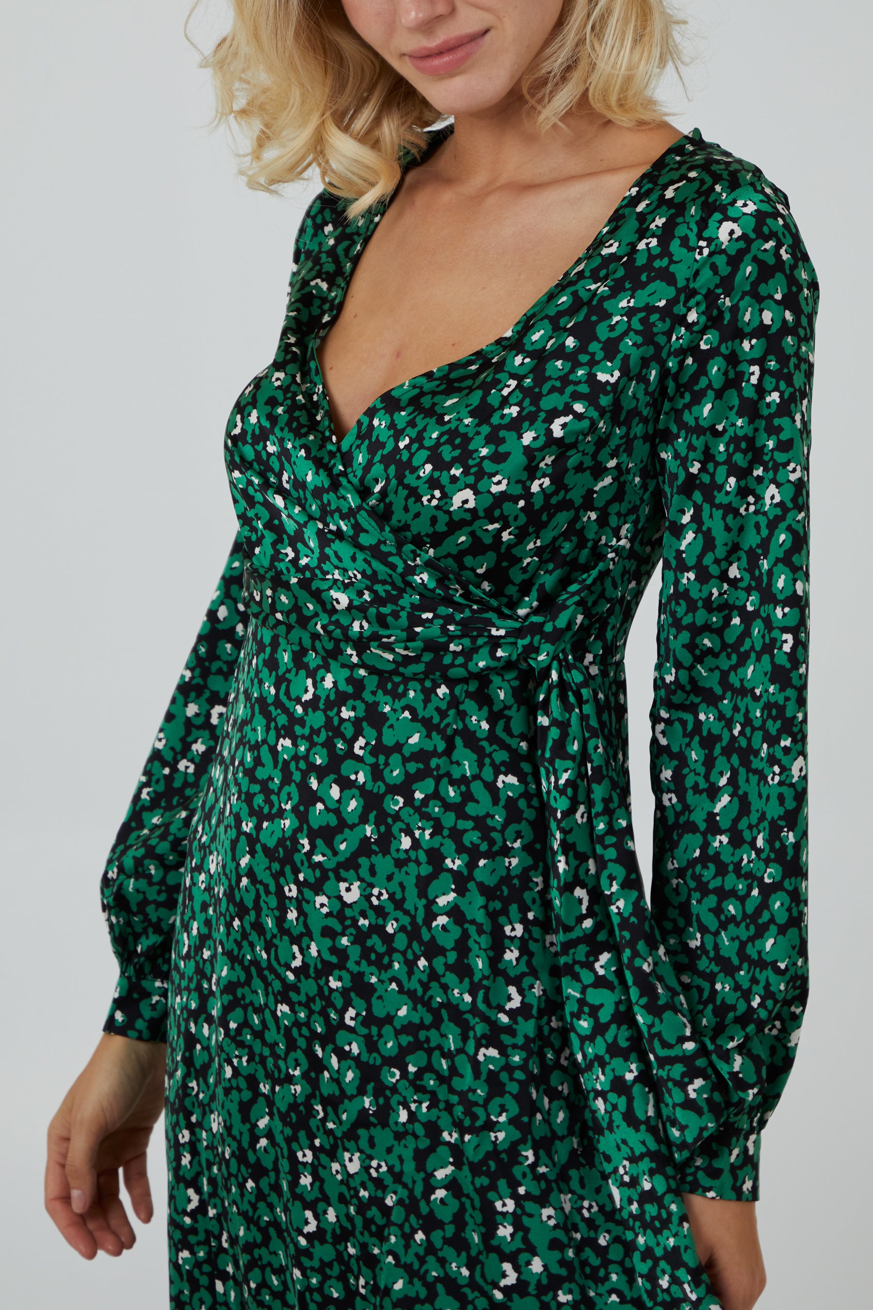 Satin Ditsy Floral Wrap Midi Dress