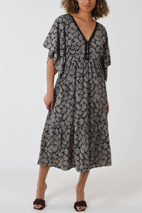 Paisley Print Kimono Sleeve Midi Dress