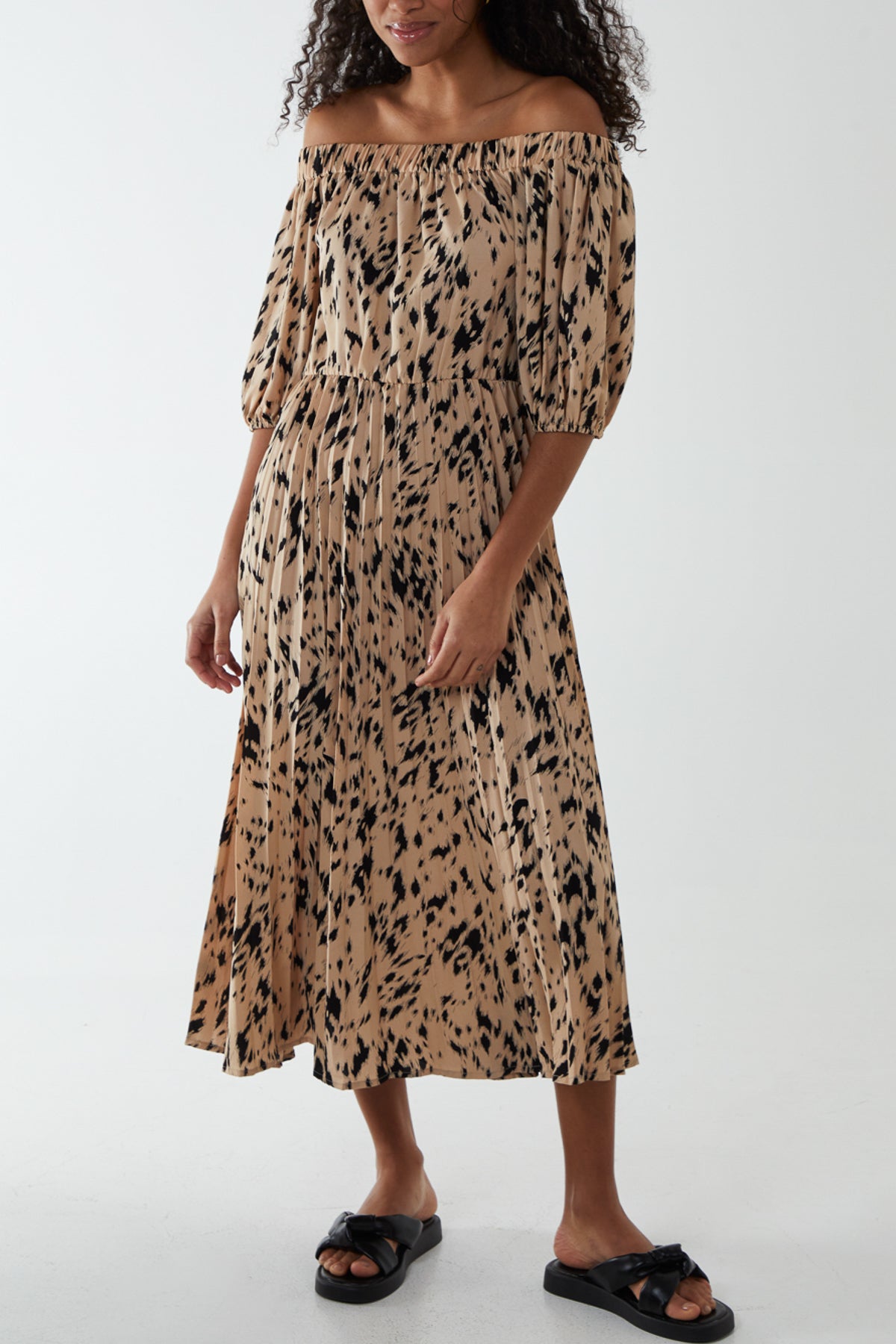 Bardot Pleated Animal Print Hem Midi Dress