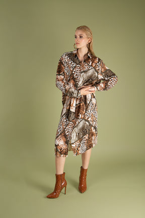 Animal Mix Print Midi Shirt Dress