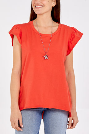 Scoop Neck Frill Sleeve Top With Necklace