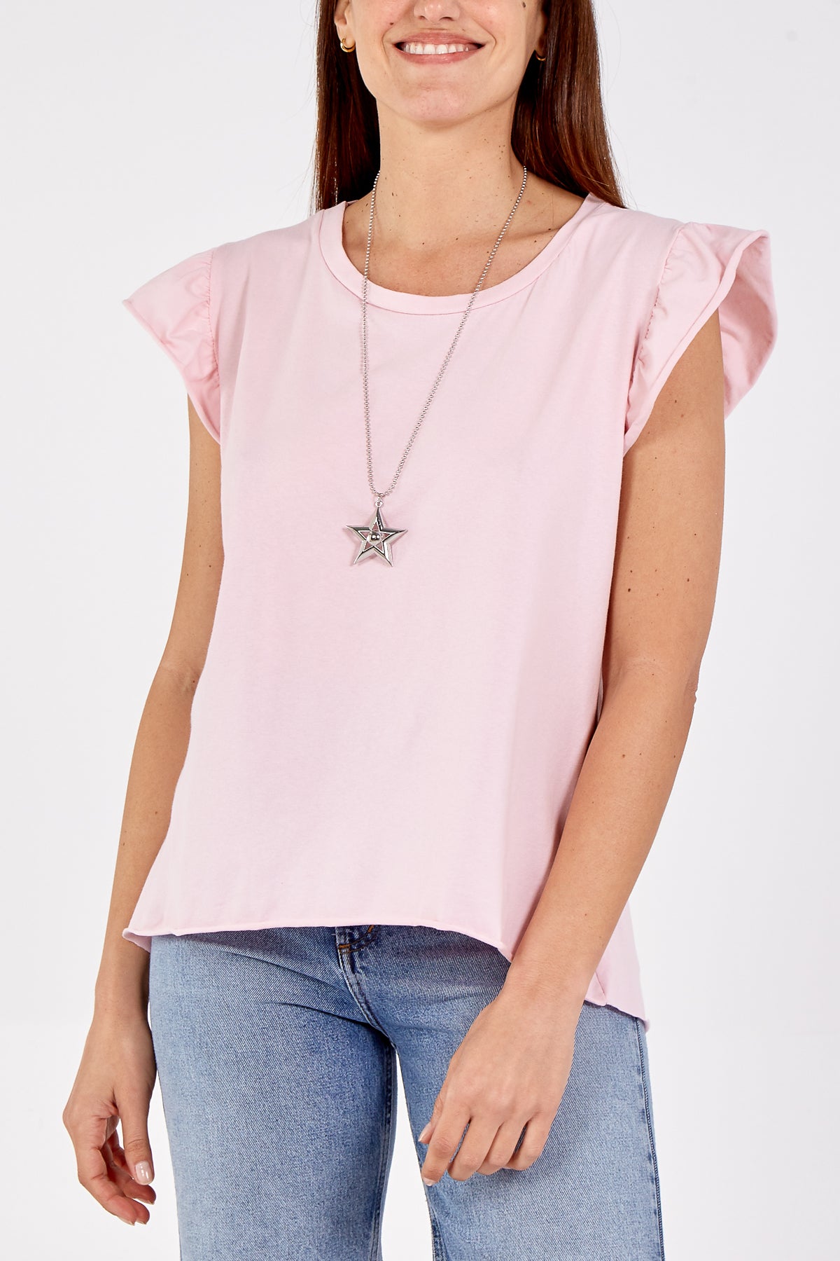 Scoop Neck Frill Sleeve Top With Necklace