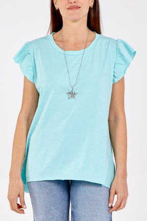 Scoop Neck Frill Sleeve Top With Necklace