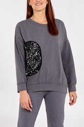 Sequin Patch Zip Detailed Sweatshirt