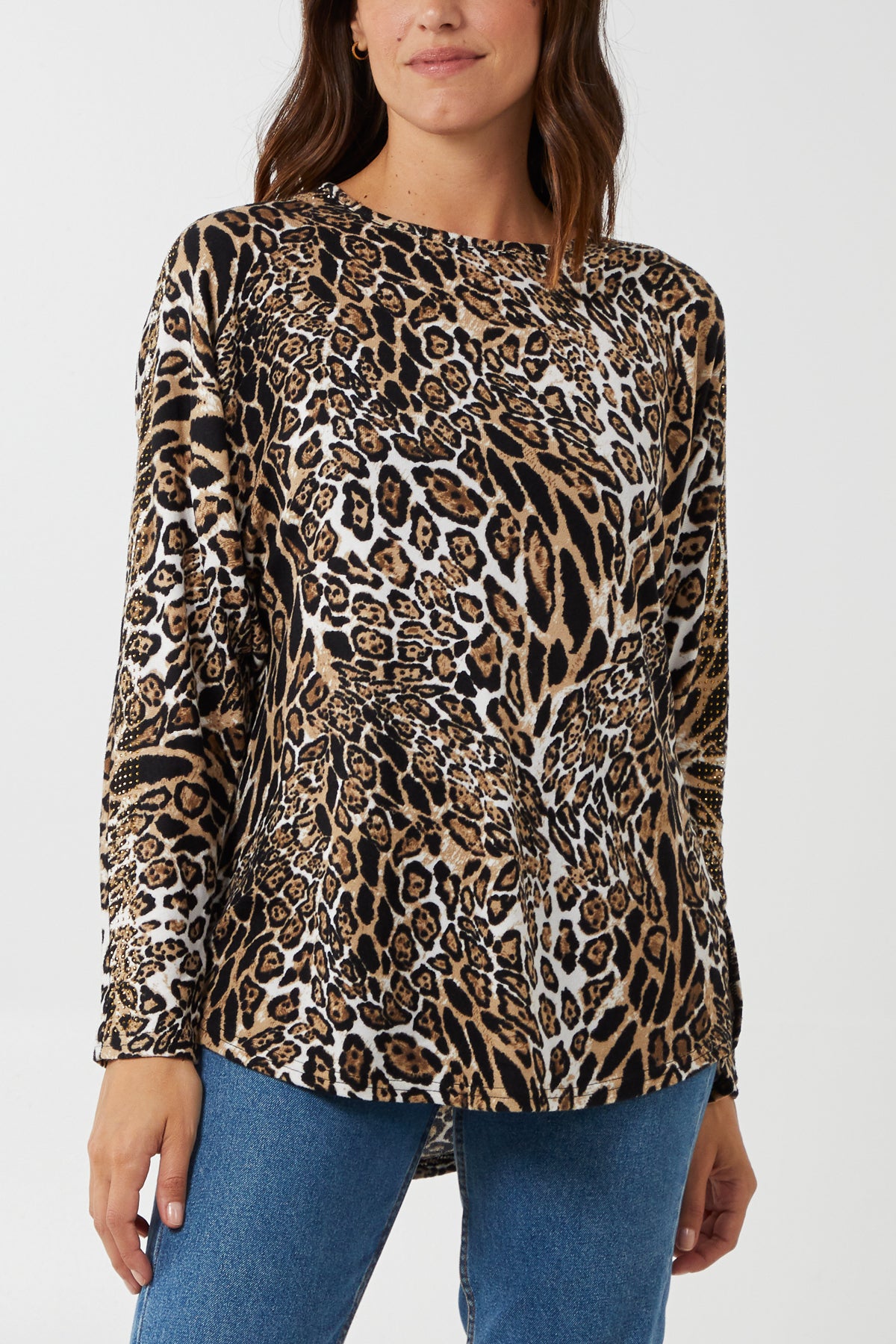 Leopard Print Crystal Detail Oversized Top