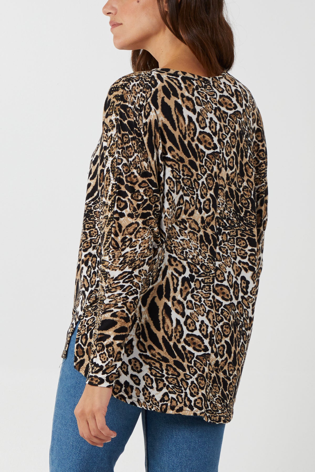 Leopard Print Crystal Detail Oversized Top