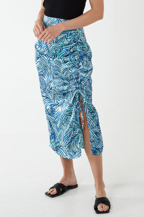 Satin Ruched Printed Midi Skirt