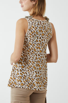 Flower Trim Leopard Print Back Vest