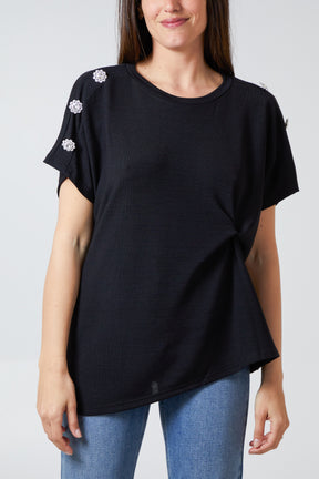 Asymmetric Twist w/ Button Shoulder Top