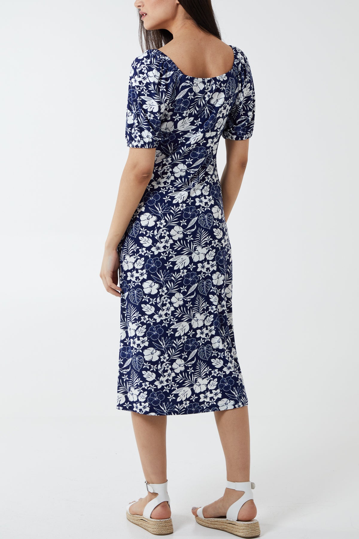 Recycled Stretch Crepe Elasticated Detail Floral Midi Dress