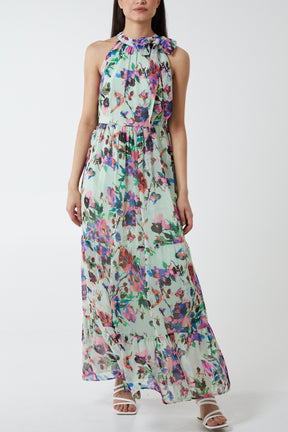 Floral Print Tie Neck Lined Maxi Dress