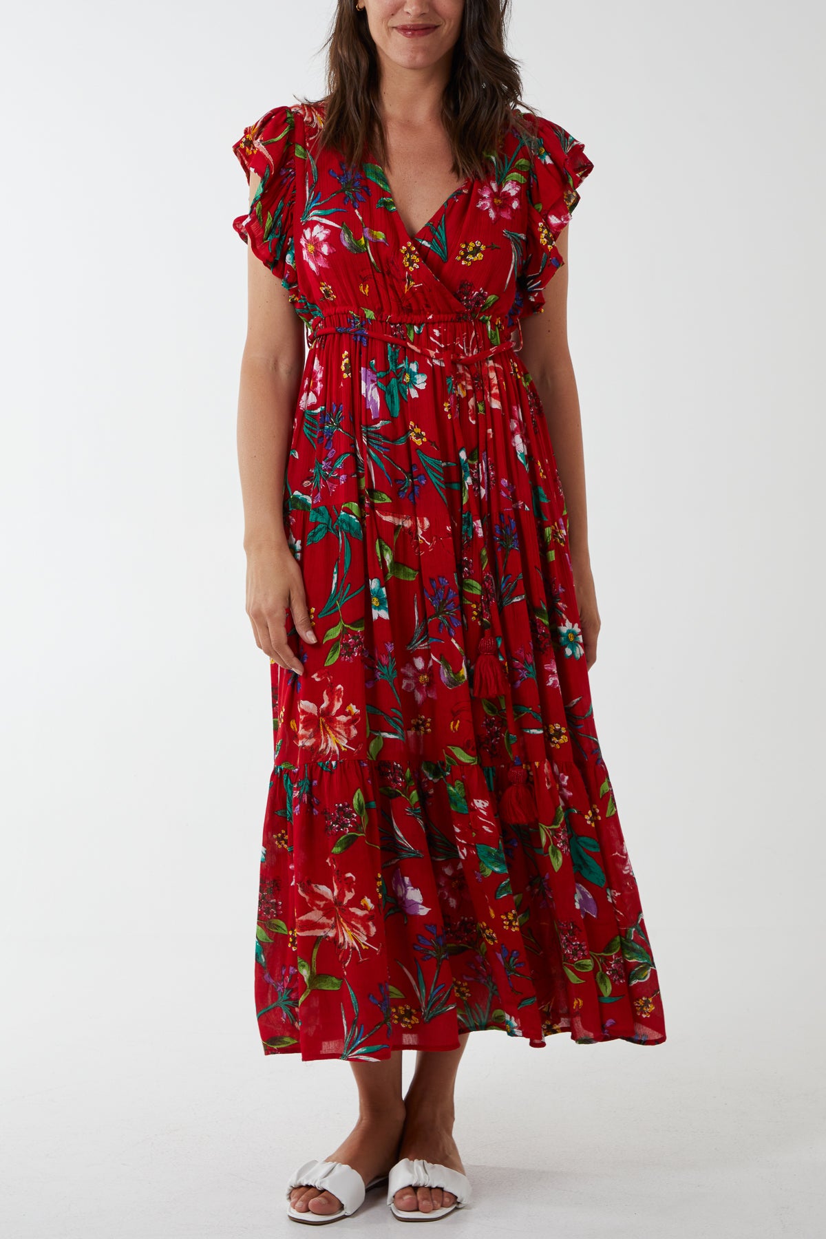 Double V Crossover Top Frill Floral Lined Maxi Dress