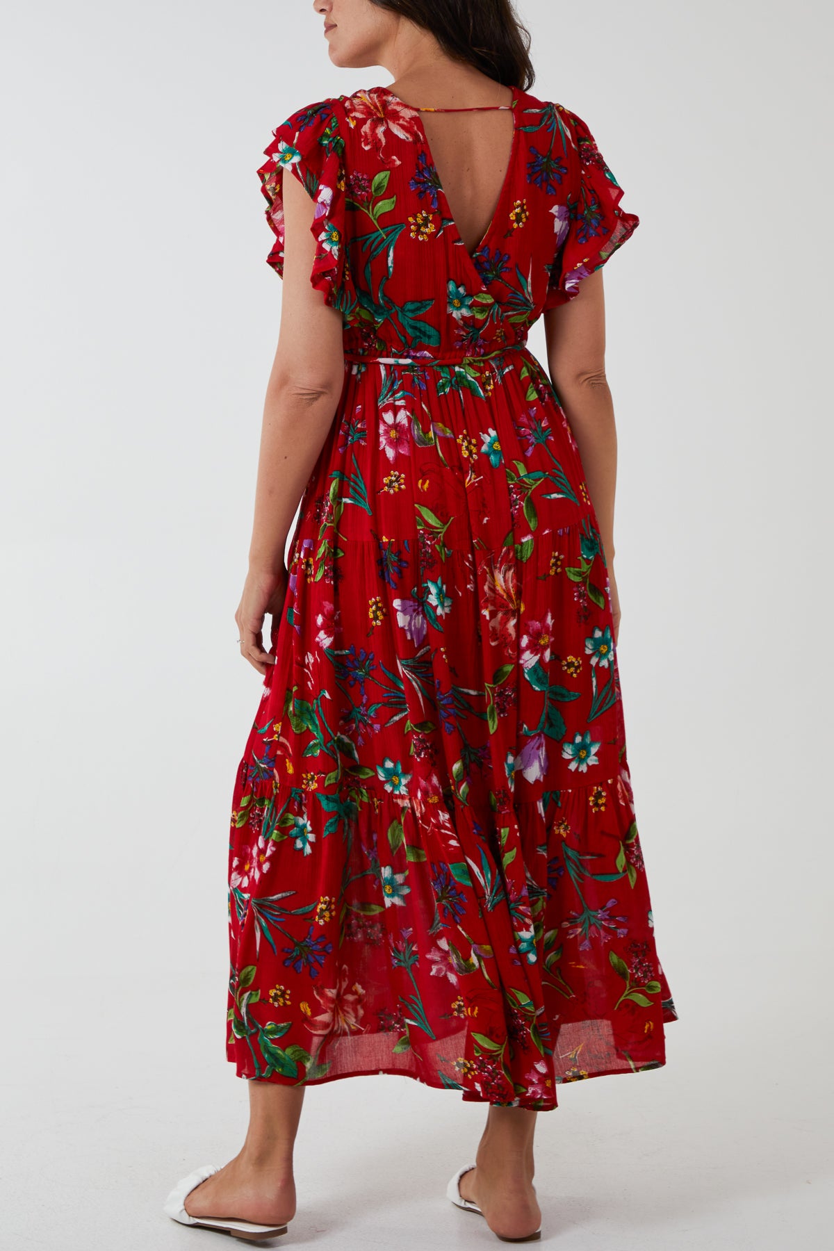 Double V Crossover Top Frill Floral Lined Maxi Dress