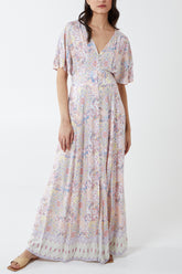 Button Front Angel Sleeve Maxi Dress