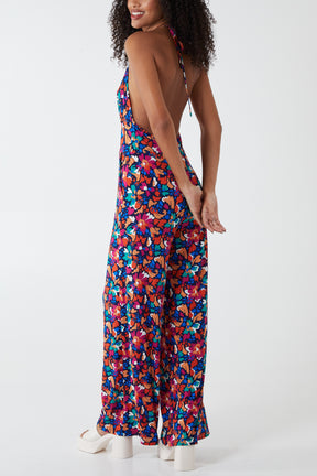 Halterneck Multi Floral Plisse Jumpsuit