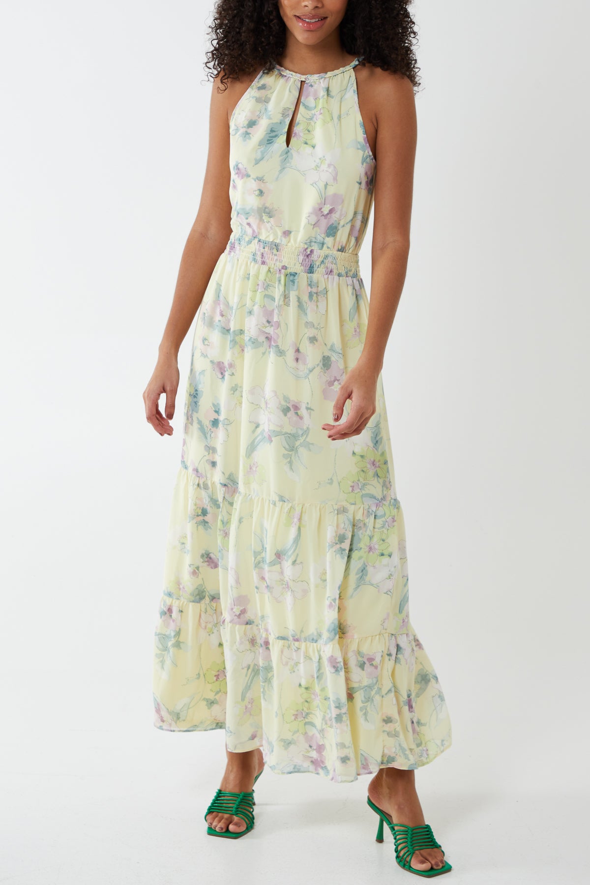 Halterneck Tiered Floral Shirred Waist Dress