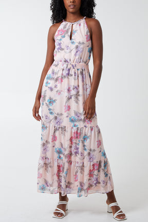 Halterneck Tiered Floral Shirred Waist Dress