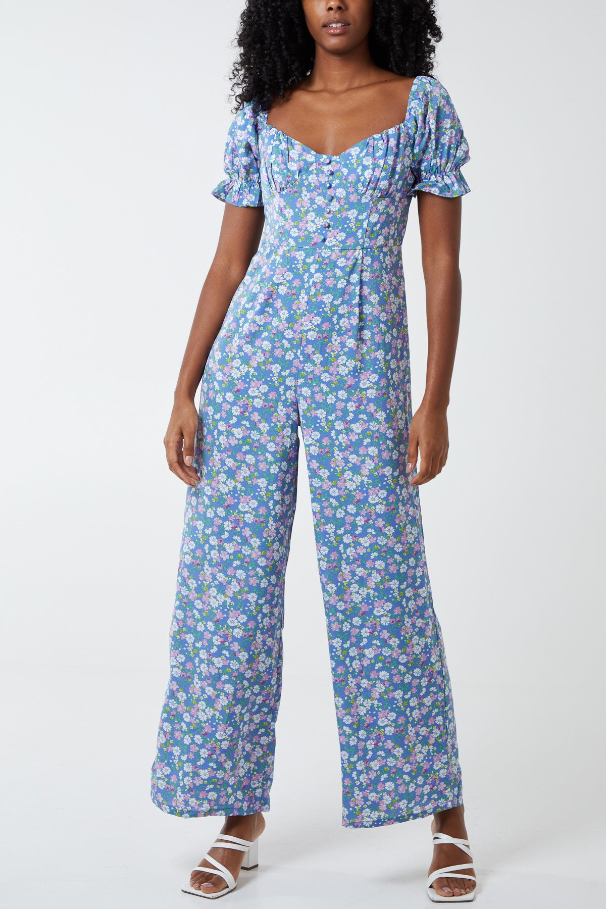 Floral Puff Sleeve Button Front Jumpsuit