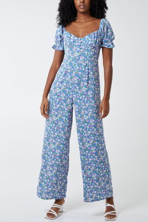 Floral Puff Sleeve Button Front Jumpsuit