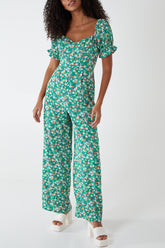 Floral Puff Sleeve Button Front Jumpsuit