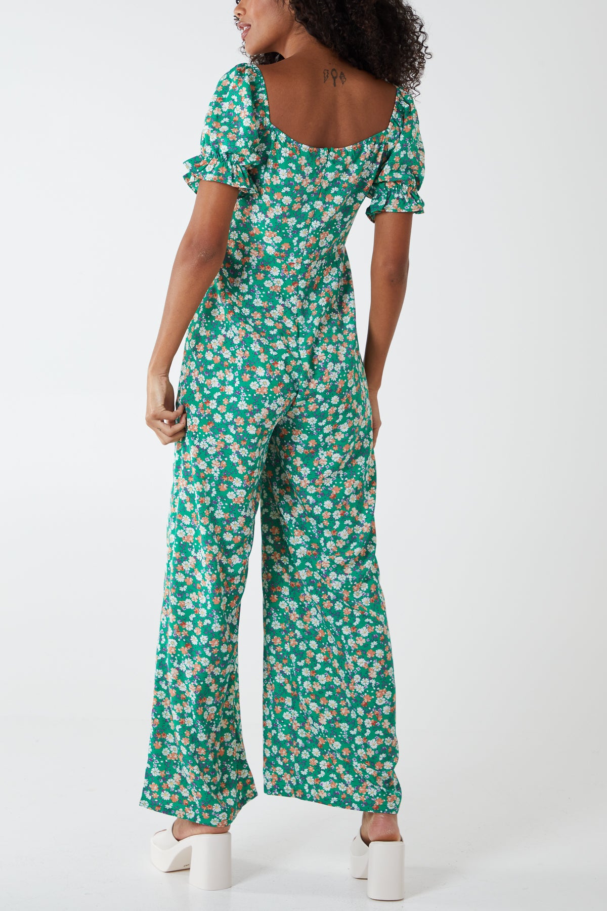 Floral Puff Sleeve Button Front Jumpsuit