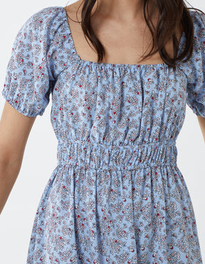 Floral Print Square Neck Double Shirred Midi Dress