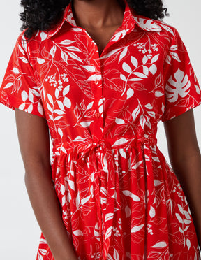 Leaf Print Dress Drawcord Waist Midi Shirt Dress
