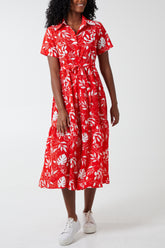 Leaf Print Dress Drawcord Waist Midi Shirt Dress
