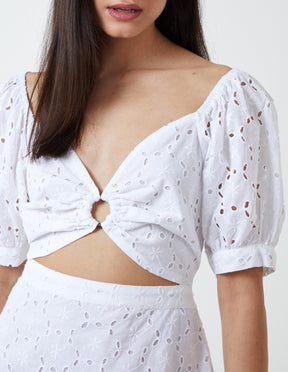 Puff Sleeve Ring Detail Embroidery Anglaise Mini Dress