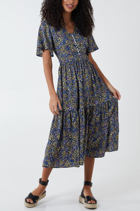Button Detail Ditsy Floral Tiered Midi Dress