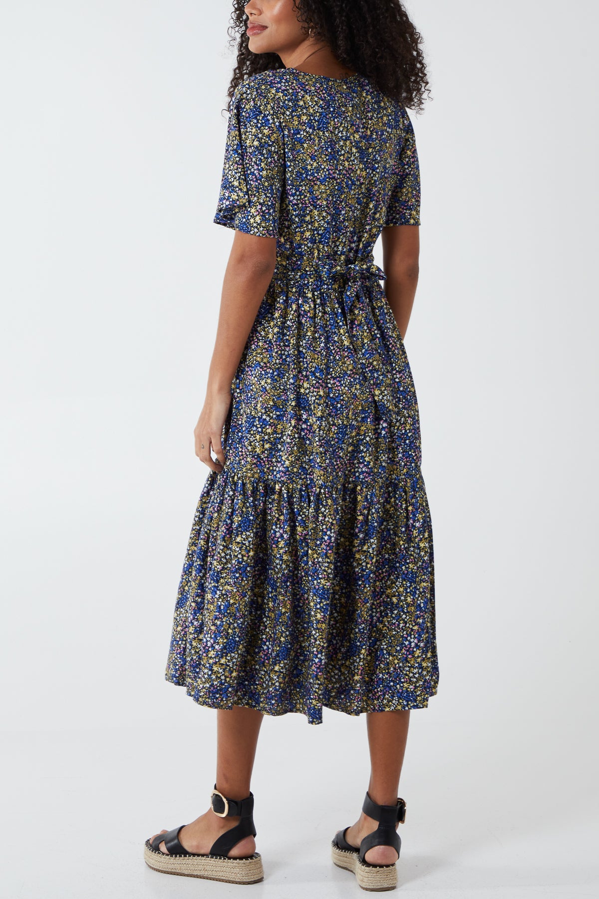 Button Detail Ditsy Floral Tiered Midi Dress