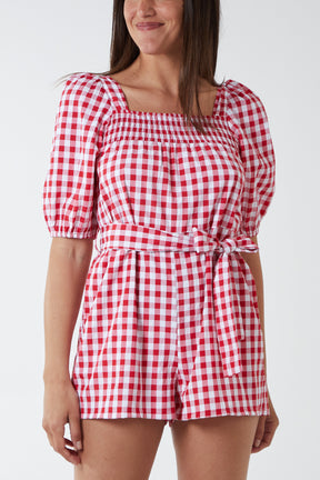 Gingham Shirred Tie Playsuit