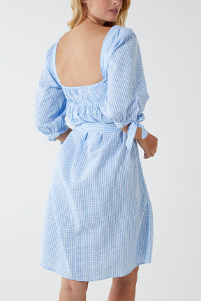 Gingham Square Neck Shirred Swing Dress With Belt
