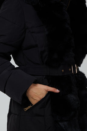 Faux Fur Horizontal Puffer Belted Coat