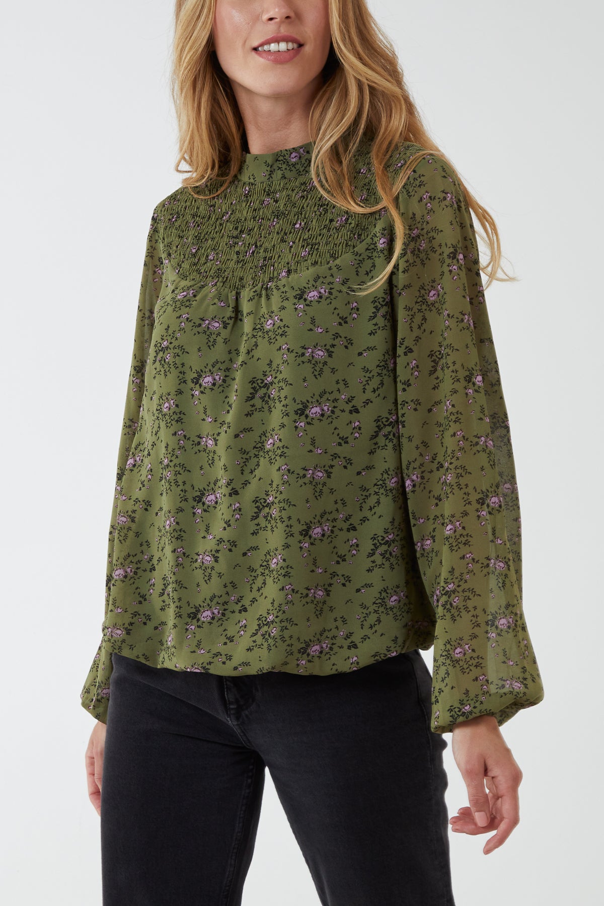 Floral Print Shirred High Neck Blouse