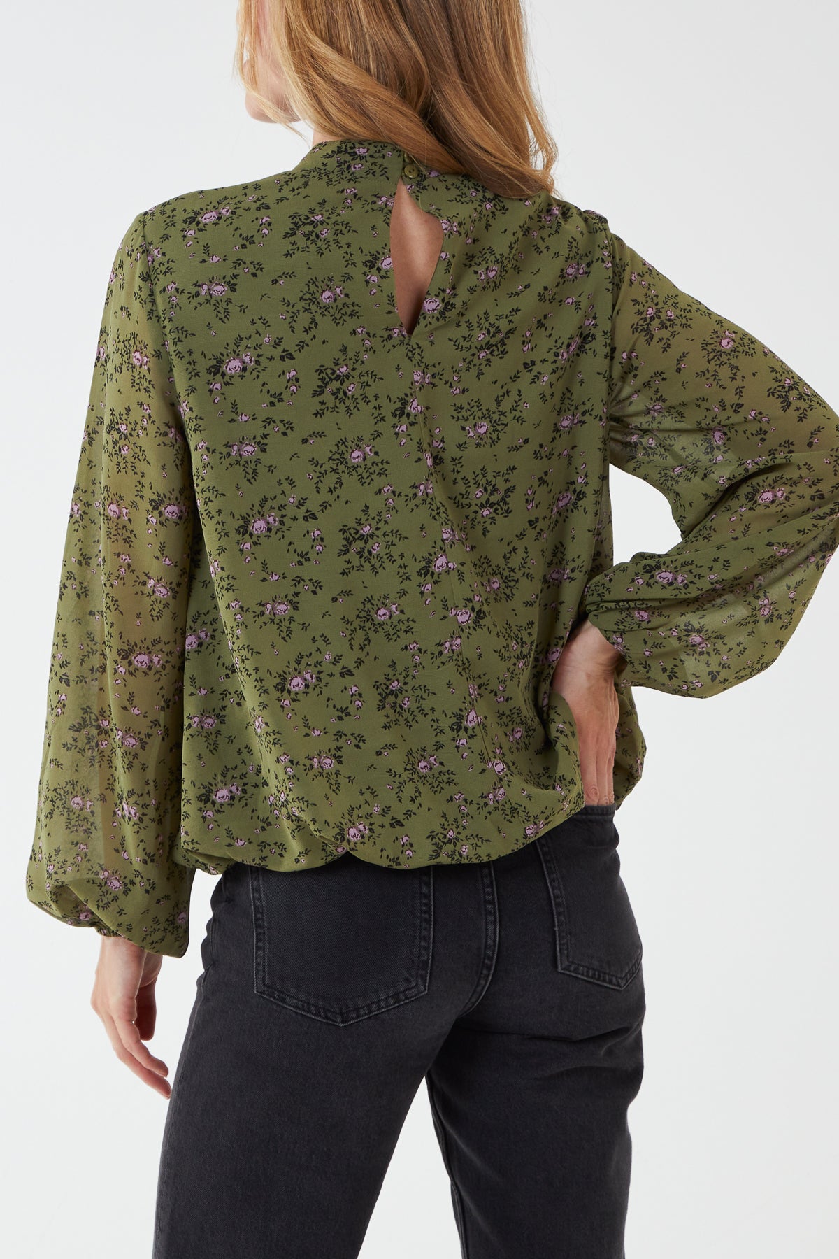 Floral Print Shirred High Neck Blouse