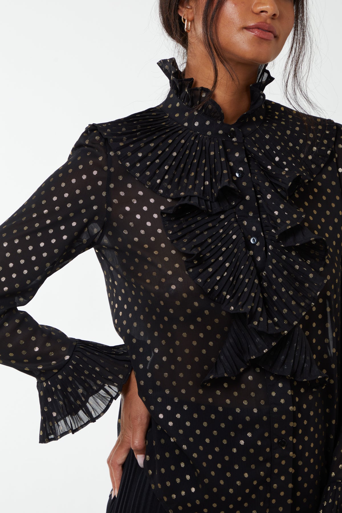 Gold Polka Dot Pleated Frill Shirt