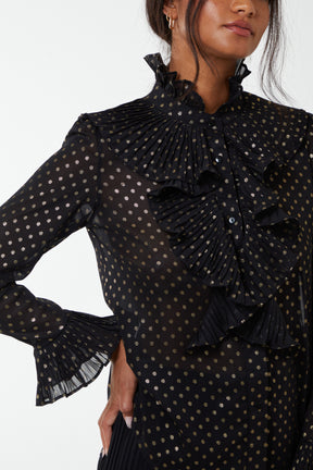 Gold Polka Dot Pleated Frill Shirt
