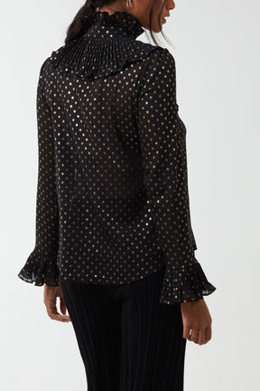 Gold Polka Dot Pleated Frill Shirt