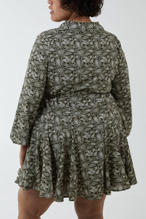 Curve Paisley Shirt Mini Dress With Godet Hem & Tie
